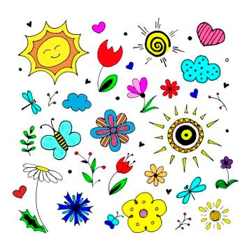 Spring hand drawn vector set. Colored cartoon set of objects and symbols on the Stock Illustration