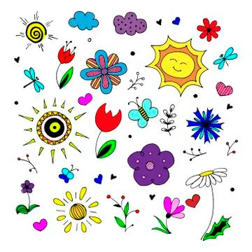 Spring hand drawn vector set. Colored cartoon set of objects and symbols on the Stock Illustration