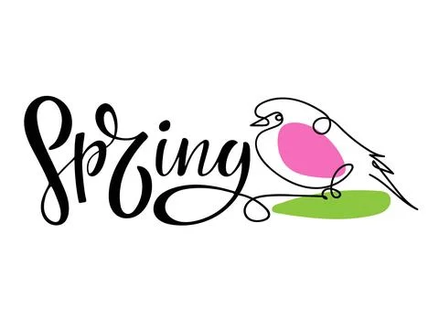 Spring Handwritten lettering with bright spring bird sketch. Vector calligraphy Stock Illustration