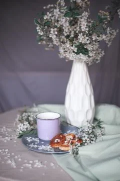 Spring healthy Breakfast fried cheesecakes, against a blooming bouquet flower Stock Photos