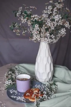 Spring healthy Breakfast fried cheesecakes, against a blooming bouquet flower Stock Photos