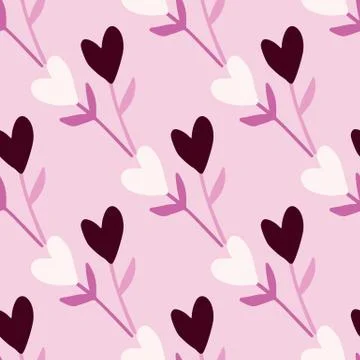 Spring heart branches seamless pattern. Light lilac background and white and  Stock Illustration