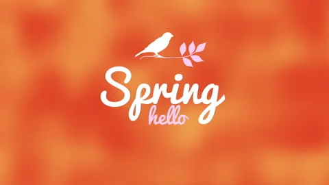 Spring Hello playful bird logo on blurred orange and white pattern Stock Footage 263698196