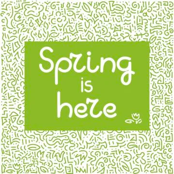 Spring is here . Doodle hand drawing Background. Flowers, leaves. Vector illu Stock Illustration