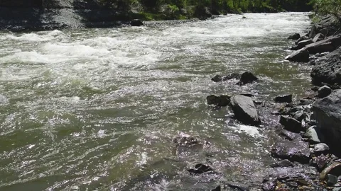 Spring high water flows in the mountain river Ursul. Rocks and water rapids Stock Footage 76354849