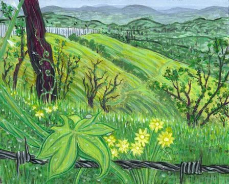 Spring Hillside Impressionist Painting Illustration