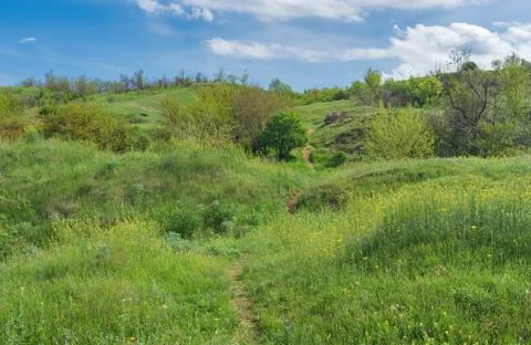 Spring hilly landscape with pedestrian path on Dnipro riverside Stock-Fotos
