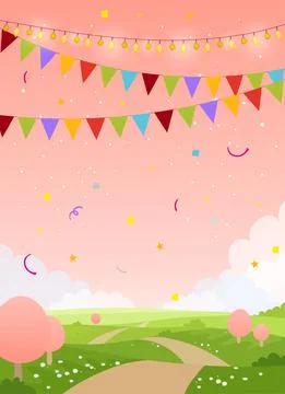 Spring holiday card background with copy space. Fairytale country with pink sky Stock-Illustration