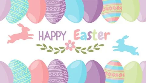 Spring Holiday Easter Eggs and Cute Rabbits Border Stock Illustration