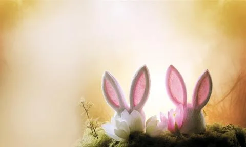 Spring holidays creative background with bunny ears decorated with bloom flowers Stock Photos