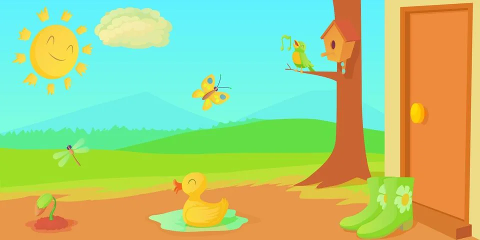 Spring horizontal banner things , cartoon style Stock Illustration