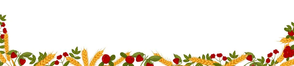 Spring horizontal frame with raspberry cranberries and wheat branches. Summ.. Stock Illustration