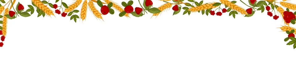 Spring horizontal frame with raspberry cranberries and wheat branches. Summ.. Stock Illustration