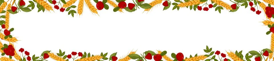 Spring horizontal frame with raspberry cranberries and wheat branches. Summ.. Stock Illustration