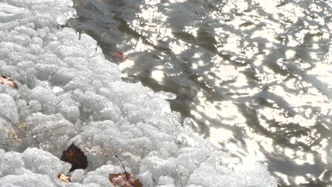 Spring ice and snow melting ice surface melts river flow Stock Footage 233686695