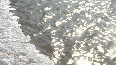 Spring ice and snow melting ice surface melts river flow Video stock 233687271