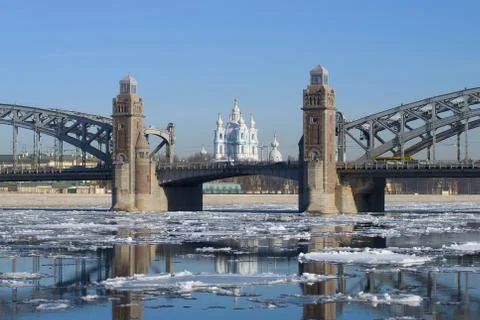 Spring ice drift at Bolsheokhtinsky Bridge. St. Petersburg, Russia Stock Photos