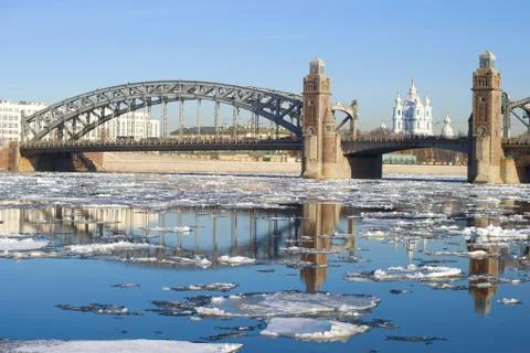Spring ice drift near the Peter the Great's bridge. Saint-Petersburg, Russia Stock Photos