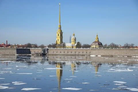 Spring ice drift on the Neva River. Historical center of St. Petersburg Stock Photos