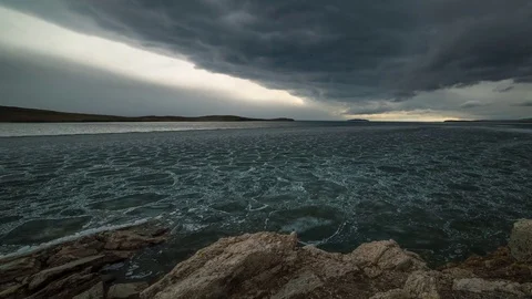 Spring ice drift at the northern lake Stock Footage 76602276