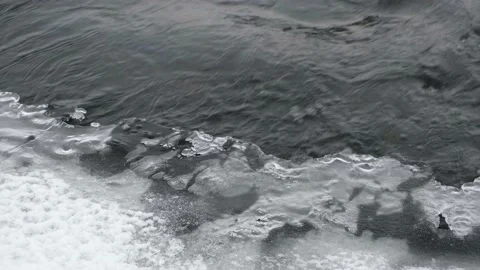 Spring ice melting on the river.The rapid flow of melt water. Stock Footage 147875268