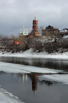 Spring ice melting on the Sylva River within the city of Kungura in the Weste Stock Photos