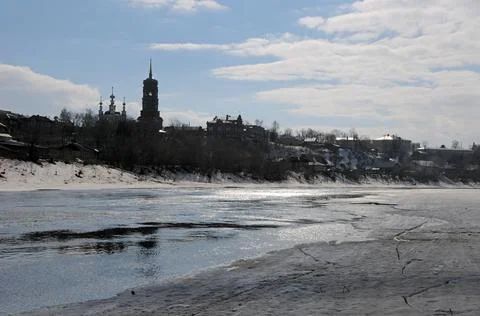 Spring ice melting on the Sylva River within the city of Kungura in the Weste Stock Photos