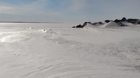 Spring ice on the Ob reservoir. An endless icy desert. Stock Footage 271216192