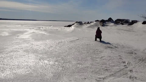 Spring ice on the Ob reservoir. An endless icy desert. Stock Footage 271216228
