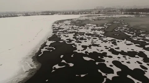 Spring ice of unusual shape on the river. Aerial view. Stock Footage 86976314