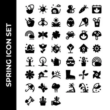Spring icon set include egg,sun,snail,apple,bee,grass,rainbow,dragonfly,flowe Ilustração Stock