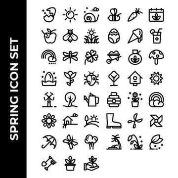 Spring icon set include egg,sun,snail,apple,bee,grass,rainbow,dragonfly,flowe Stock Illustration