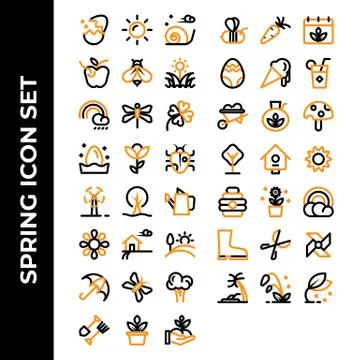 Spring icon set include egg,sun,snail,apple,bee,grass,rainbow,dragonfly,flowe Ilustração Stock