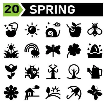 Spring icon set include turbine, wind, windmill, plant, ecology, tree, garden Stockillustratie