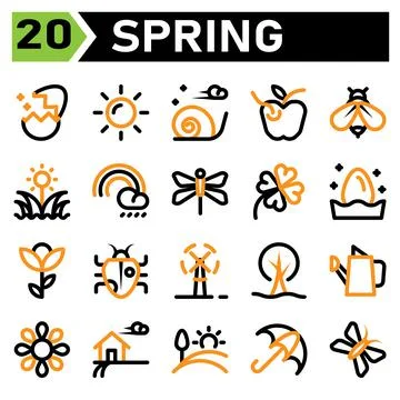 Spring icon set include turbine, wind, windmill, plant, ecology, tree, garden Stock Illustration