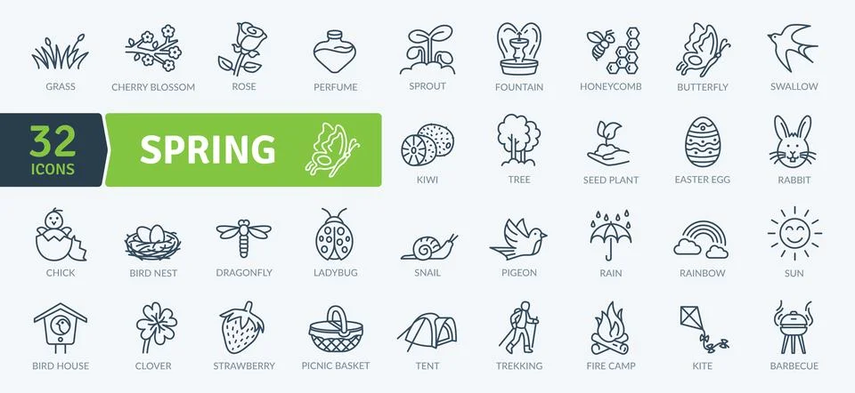 Spring Icons Pack. Thin line icons set for Celebrate the Season of Renewal Stock Illustration