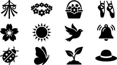 Spring Icons Set Black and White Vector Illustration. Illustrazione stock