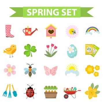 Spring icons set, flat style. Gardening cute collection of design elements,.. Stockillustratie
