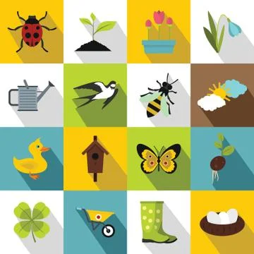 Spring icons set, flat style 스톡 일러스트