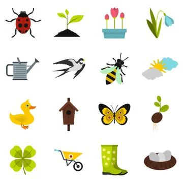 Spring icons set, flat style 스톡 일러스트