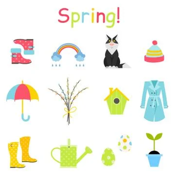 Spring icons set, flat style. Gardening cute collection of design elements Stock Illustration