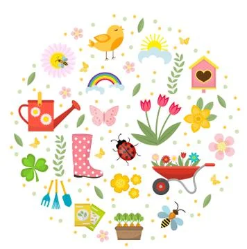 Spring icons set in round shape, flat style. Gardening cute collection of d.. Stock Illustration