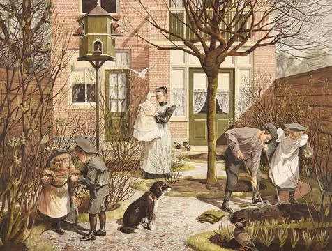 In spring. An idyllic, middle-class family scene in the back garden of a typical Ilustración de archivo