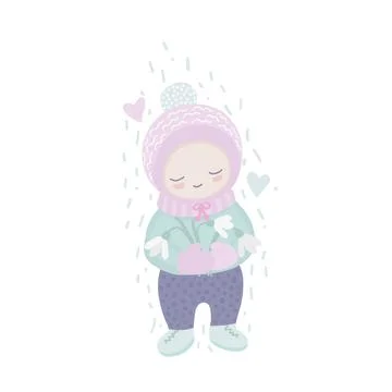 Spring illustration of a child smiling and holding snowdrops in pastel colors Stock Illustration