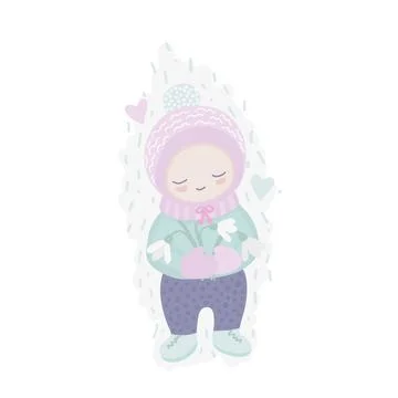 Spring illustration of a cute child smiling and holding snowdrops in their .. Stock Illustration