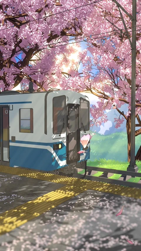 Spring Japanese Train Station Loop Background Vertical 4K Stock Footage 334805971