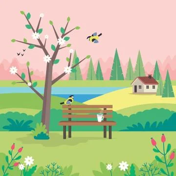 Spring landscape with bench, flourishing tree, house, fields and nature. Cute Stock Illustration