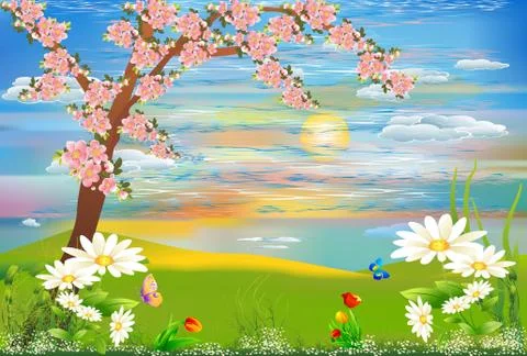 Spring landscape with a blooming tree, Stock Illustration