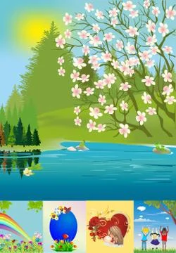 Spring landscape with a blooming tree Stock Illustration
