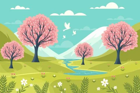 Spring landscape with blossoming trees and flowers flat vector illustration Illustrazione stock